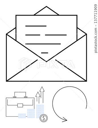 Communication, business strategy, workflow, financial growth, data management, process optimization. Open envelope with letter, chart with upward arrows circular arrow icon. Communication Communication, business strategy, workflow, financial growth, data management, process optimization. Open envelope with letter, chart with upward arrows circular arrow icon. Communication 137711909