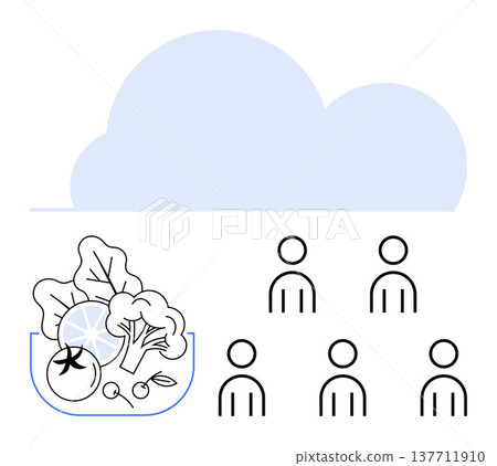 Cloud technology, collaboration, healthy eating, digital workspaces, sustainability, team management. A cloud above icons of people and a bowl of vegetables. Cloud technology and collaboration Cloud technology, collaboration, healthy eating, digital workspaces, sustainability, team management. A cloud above icons of people and a bowl of vegetables. Cloud technology and collaboration 137711910
