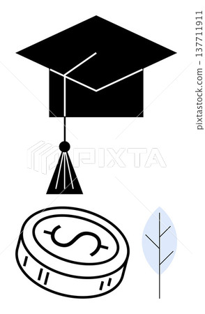 Education, financial planning, success, investment, learning, knowledge. Graduation cap, coin with dollar symbol and leaf. Education and financial planning concepts for personal growth Education, financial planning, success, investment, learning, knowledge. Graduation cap, coin with dollar symbol and leaf. Education and financial planning concepts for personal growth 137711911
