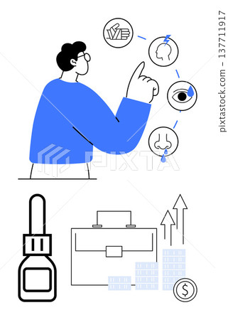 Business growth, healthcare, analytics, wellness, visual tracking, and nasal health. A person pointing at health icons and financial visuals. Business growth and healthcare 137711917