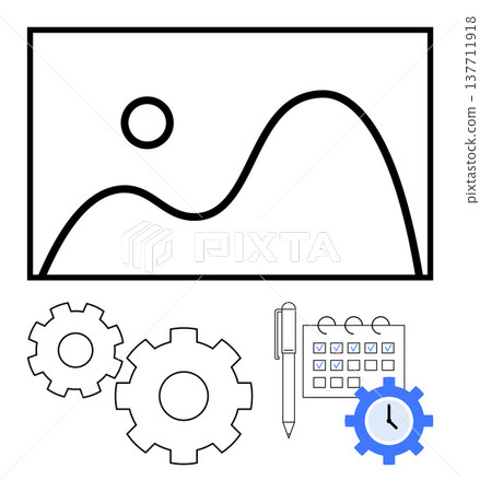 Workflow management, scheduling, business coordination, task organization, optimization, productivity tracking. Line chart with sun, calendar with pen gears. Workflow management and scheduling 137711918
