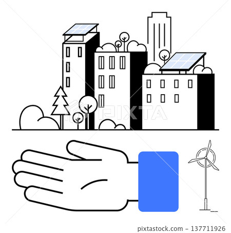 Renewable energy, eco-friendly technology, urban infrastructure, sustainability, green living, environmental conservation. Urban buildings with solar panels, wind turbine hand graphic. Renewable Renewable energy, eco-friendly technology, urban infrastructure, sustainability, green living, environmental conservation. Urban buildings with solar panels, wind turbine hand graphic. Renewable 137711926