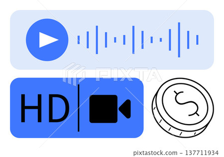 Audio streaming, video production, digital content, premium services, online payment, and subscription. Blue play button, sound waves HD video symbol and dollar coin icon. Audio streaming and video 137711934