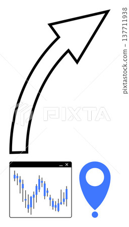 Business growth, analytics, finance, mapping, strategy, success. A bold upward arrow with a candlestick chart and a map pin. Business growth and analytics concepts Business growth, analytics, finance, mapping, strategy, success. A bold upward arrow with a candlestick chart and a map pin. Business growth and analytics concepts 137711938