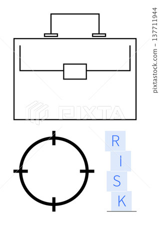 Business planning, risk management, strategic goals, corporate security, decision making, stability. Minimalist briefcase, target symbol and stacked blocks spelling RISK. Business planning and risk 137711944