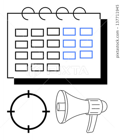 Business strategy, event planning, task management, marketing campaigns, audience targeting, advertising concepts. Calendar, megaphone target icon. Marketing and event planning tools concept 137711945