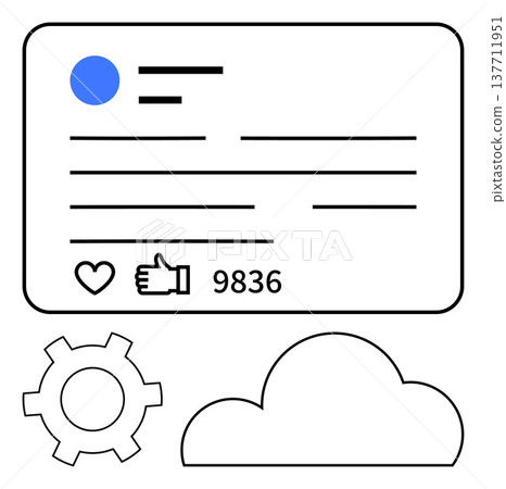 Social media, technology, communication, analytics, user engagement, cloud computing. A social media interface with thumbs up buttons, a cloud and a gear icon. Social media and technology concepts Social media, technology, communication, analytics, user engagement, cloud computing. A social media interface with thumbs up buttons, a cloud and a gear icon. Social media and technology concepts 137711951