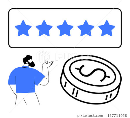 Customer satisfaction, feedback, quality service, user experience, economic value, business growth. Five stars, coin and a person pointing. Customer satisfaction and feedback concept Customer satisfaction, feedback, quality service, user experience, economic value, business growth. Five stars, coin and a person pointing. Customer satisfaction and feedback concept 137711958