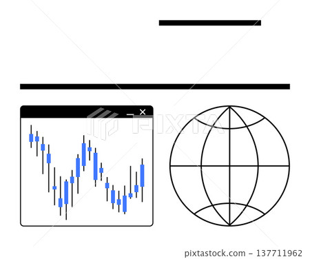 Financial analysis, global markets, data visualization, technical trading, stock investment, economic trends. Blue candlestick chart interface next to globe symbol. Financial analysis and global Financial analysis, global markets, data visualization, technical trading, stock investment, economic trends. Blue candlestick chart interface next to globe symbol. Financial analysis and global 137711962
