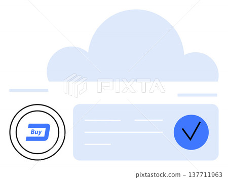 Ecommerce, online transactions, cloud technology, data security, payment systems, digital verification. Simplistic cloud with a buy button and checkmark symbols. Ecommerce and online transactions 137711963