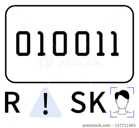 Data security, cybersecurity risks, facial recognition, identity protection, surveillance, privacy concerns. Binary code with warning sign and face scanning symbol. Data security and identity 137711965