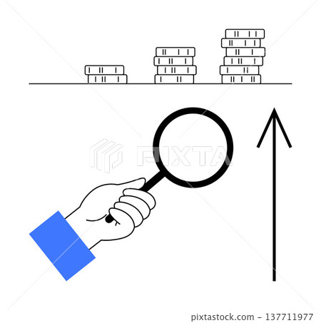 Financial growth, investment strategies, business analytics, economic development, success tracking, wealth management. Stack of coins, magnifying glass upward arrow. Financial growth and investment Financial growth, investment strategies, business analytics, economic development, success tracking, wealth management. Stack of coins, magnifying glass upward arrow. Financial growth and investment 137711977