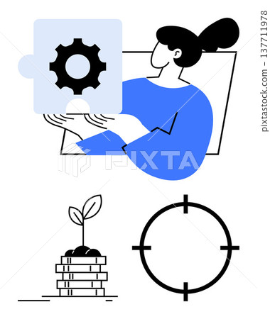 Business management, teamwork, goal setting, problem solving, strategic planning, sustainability. Person holding a puzzle piece, plant on coins target symbol. Problem solving and business management 137711978