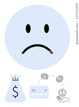 Finance, debt, economic downturn, budgeting, online banking, money issues. Sad face with a money bag, digital payment card and transaction flowchart. Finance and debt concept Finance, debt, economic downturn, budgeting, online banking, money issues. Sad face with a money bag, digital payment card and transaction flowchart. Finance and debt concept 137711979