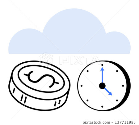 Time management, cost efficiency, cloud storage, business operations, digital solutions, remote work. A cloud with a clock and a coin. Time management and cost efficiency Time management, cost efficiency, cloud storage, business operations, digital solutions, remote work. A cloud with a clock and a coin. Time management and cost efficiency 137711983