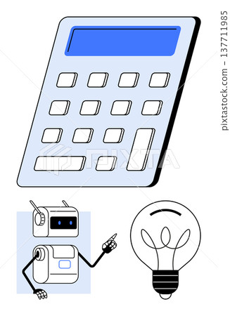 Technology, artificial intelligence, innovation, creative thinking, education, problem solving. A robotic figure pointing at a lightbulb beside a large calculator. Technology and innovation concept 137711985