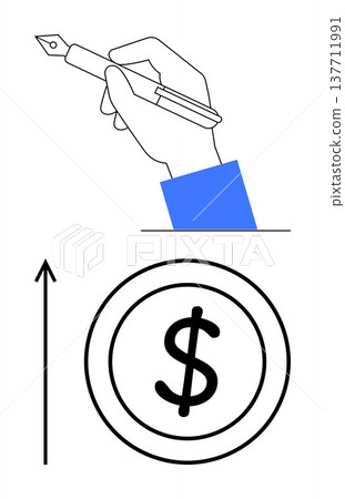 Financial growth, economic trends, investment strategies, savings, business planning, profitability. Hand holding pen above dollar symbol with upward arrow. Financial growth and economic trends Financial growth, economic trends, investment strategies, savings, business planning, profitability. Hand holding pen above dollar symbol with upward arrow. Financial growth and economic trends 137711991