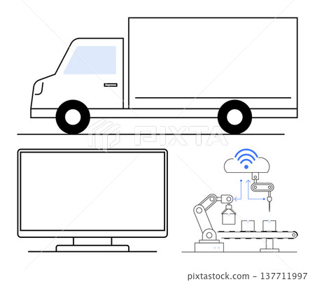 Logistics, supply chain, automation, cloud computing, smart manufacturing, digital systems. Truck, monitor robotic arm connected to cloud. Logistics and supply chain innovation Logistics, supply chain, automation, cloud computing, smart manufacturing, digital systems. Truck, monitor robotic arm connected to cloud. Logistics and supply chain innovation 137711997