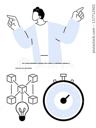 Business strategy, productivity tools, innovation, time management, blockchain technology, creative solutions. Person pointing upward with a timer, blockchain diagram and light bulb. Productivity Business strategy, productivity tools, innovation, time management, blockchain technology, creative solutions. Person pointing upward with a timer, blockchain diagram and light bulb. Productivity 137712002