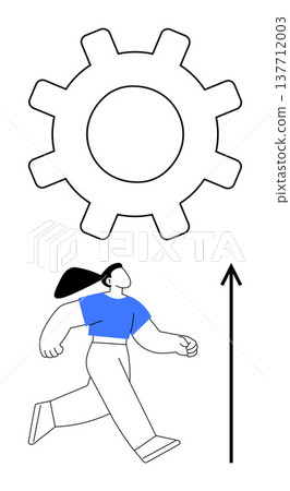 Business growth, success, teamwork, productivity, career progression, innovation. Minimalist design with a gear, upward arrow and walking woman. Business growth and success concepts 137712003