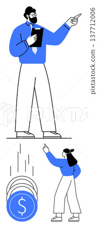 Business strategy, financial growth, investment, teamwork, money management, planning. Male holding tablet pointing to goal, female gesturing with coins falling. Business strategy and financial 137712006