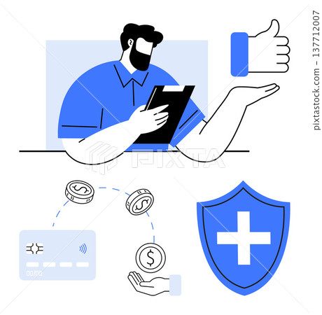 Financial security, health services, online payments, digital economy, customer feedback, virtual transactions. A person with a clipboard, payment icons a shield and a thumbs-up symbol. Financial 137712007