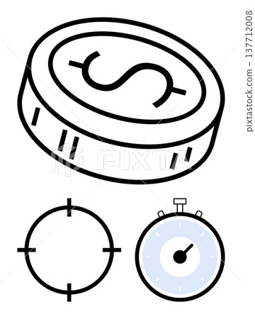 Financial management, goal setting, savings planning, investment strategies, budgeting decisions, productivity goals. A dollar coin, stopwatch and a target icon. Financial management and goal 137712008