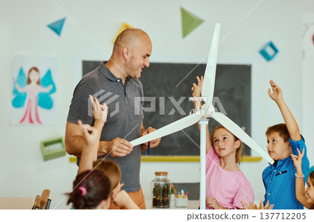 Teacher and elementary students explore a model wind turbine during a hands-on STEM lesson in the classroom 137712205