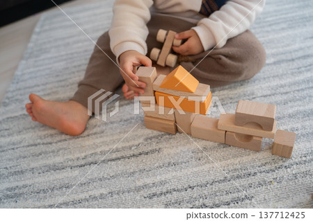 Child's hands playing with building blocks Child's hands playing with building blocks 137712425