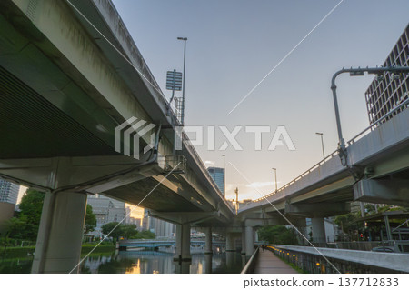 Evening view of a city highway and promenade Evening view of a city highway and promenade 137712833
