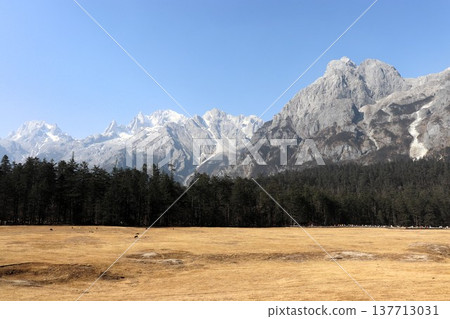 A grand panorama on a clear early spring day: Jade Dragon Snow Mountain, Yunnan Province, China, Asia A grand panorama on a clear early spring day: Jade Dragon Snow Mountain, Yunnan Province, China, Asia 137713031
