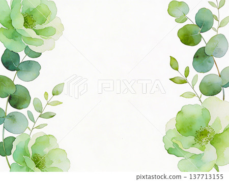 水彩風格植物相框：天然裝飾相框，飾以綠色花朵和葉子。 137713155