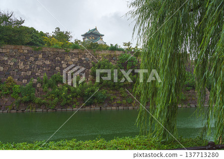 Osaka, Japan - Sep 22 2024, Panoramic view of Osaka Castle among the trees, from behind the fortress wall and the foliage of the trees, on a rainy day, without people, Osaka, Japan 137713280