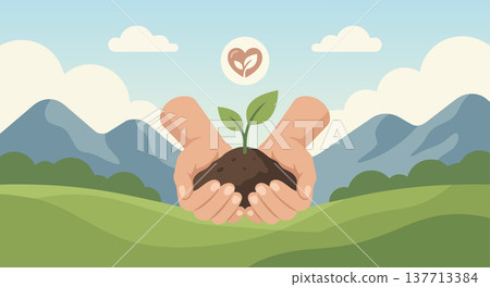 Hands holding soil with a young green plant growing symbolizing environmental care sustainability 137713384
