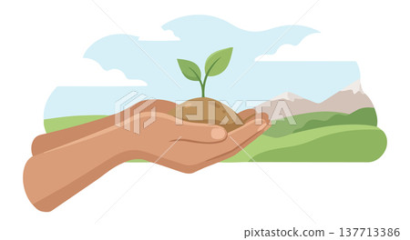 Young plant growing in soil held by human hands symbol of eco friendly living sustainability 137713386