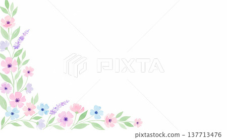 水彩風格的L形花卉相框，粉彩色植物背景素材。 137713476