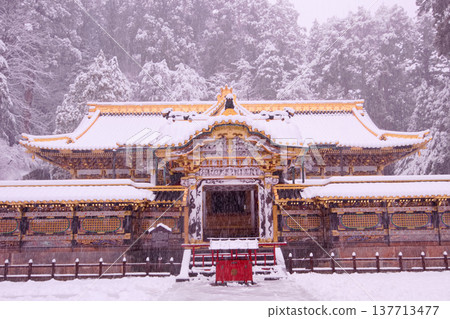 日光市，日光東照宮：雪景中的唐門與主神社。 137713477