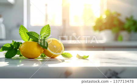 白色大理石檯面上放著幾片新鮮的薄荷葉和一片檸檬。 137713478