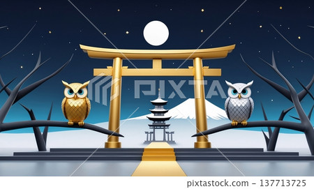 金色鳥居與貓頭鷹3D背景，寓意好運 137713725
