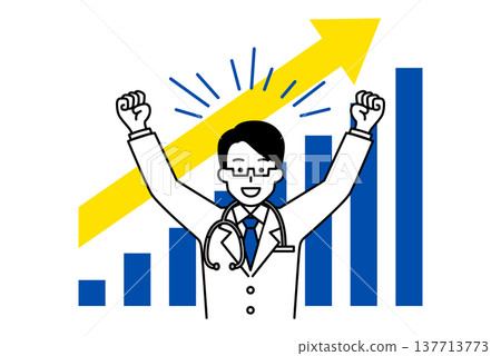 一位男醫生歡呼慶祝，並展示了一張向上傾斜的圖表。 137713773