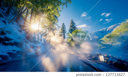 An open-air hot spring in the mountains, surrounded by snow and fresh greenery, offering a breathtakingly relaxing view as the morning sun shines through. 137713827