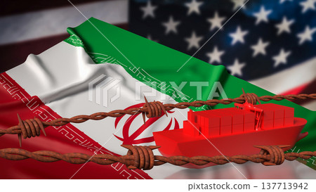 Global Trade Conflict Cargo Ship Behind Barbed Wire 3d render. Global Trade Conflict Cargo Ship Behind Barbed Wire 3d render. 137713942