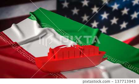Red Cargo Container Ship Over Iran And United States Flags Trade Concept 3d render. Red Cargo Container Ship Over Iran And United States Flags Trade Concept 3d render. 137713943
