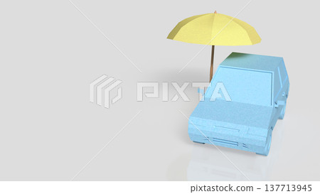 Bright Yellow Umbrella Protecting Blue Car Minimal Concept Scene 3d render. Bright Yellow Umbrella Protecting Blue Car Minimal Concept Scene 3d render. 137713945