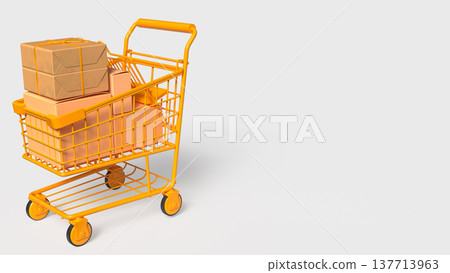Yellow Shopping Cart Filled With Packages Online Shopping Delivery Concept 3d render. Yellow Shopping Cart Filled With Packages Online Shopping Delivery Concept 3d render. 137713963