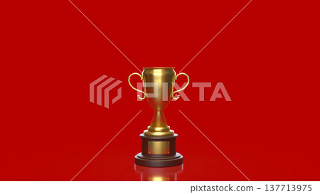 Golden Trophy Award On Red Background Symbol Of Victory And Success 3d render. 137713975