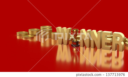 Golden Winner Text With Trophy And Coins Success Concept 3d render. Golden Winner Text With Trophy And Coins Success Concept 3d render. 137713976