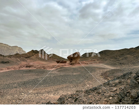 Colorful mountains and Stone mushroom in Timna Park in the Arava desert Colorful mountains and Stone mushroom in Timna Park in the Arava desert 137714203