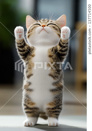 一隻可愛的貓咪舉起前爪，做出高興的姿勢。 137714500