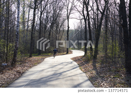 Cyclist riding on the road in the forest during springtime Cyclist riding on the road in the forest during springtime 137714571